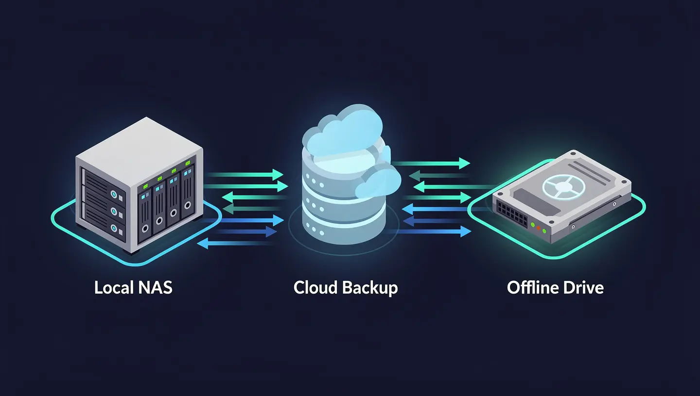 3-2-1-1 backup rule diagram showing local, offsite, and air-gapped backup tiers