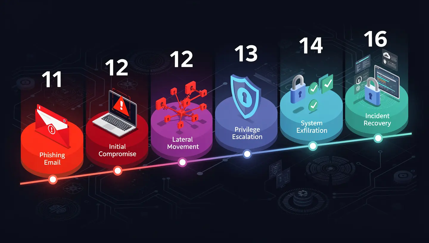 Ransomware attack timeline showing infection, encryption, detection, and recovery phases